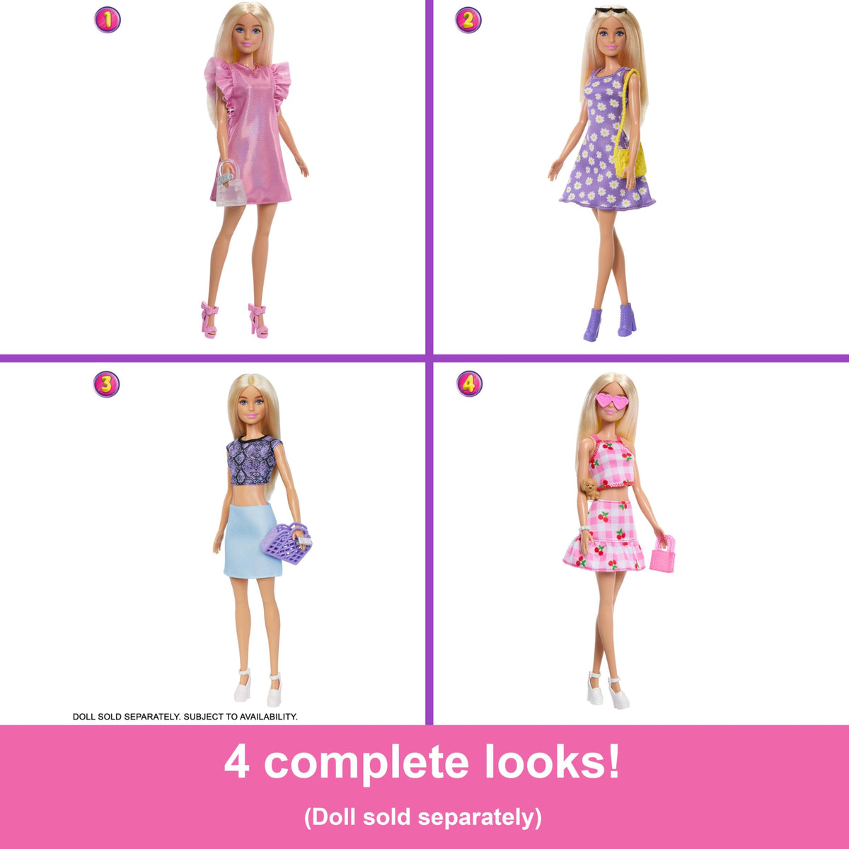 Barbie Dream Closet outfits showcase four complete looks for dress-up fun.