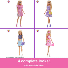 Barbie Dream Closet outfits showcase four complete looks for dress-up fun.