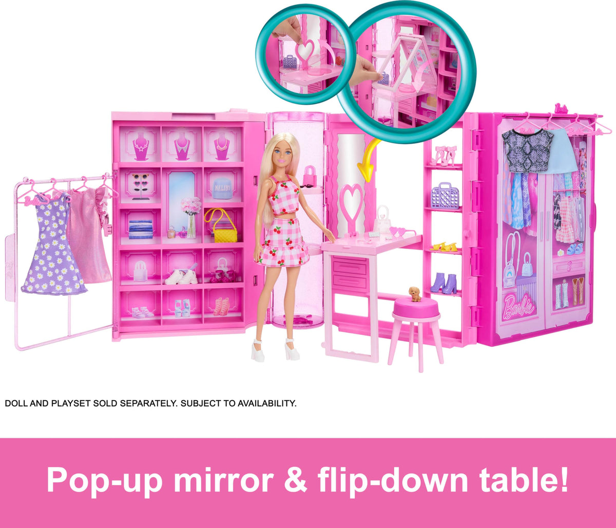 Barbie Dream Closet vanity with pop-up mirror helps kids style Barbie.