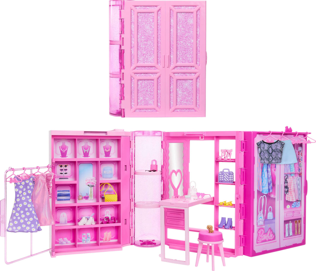 Barbie Dream Closet wardrobe opens, inspiring imaginative fashion play and organization.