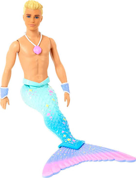 Barbie Dreamtopia merman doll with blue rainbow tail inspires underwater imagination.
