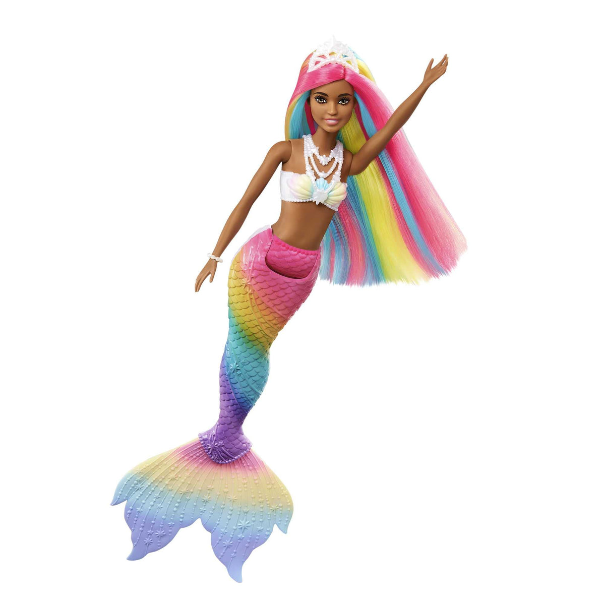 Barbie Dreamtopia Rainbow Magic Mermaid tiara sparkles in rainbow hair during pretend adventures