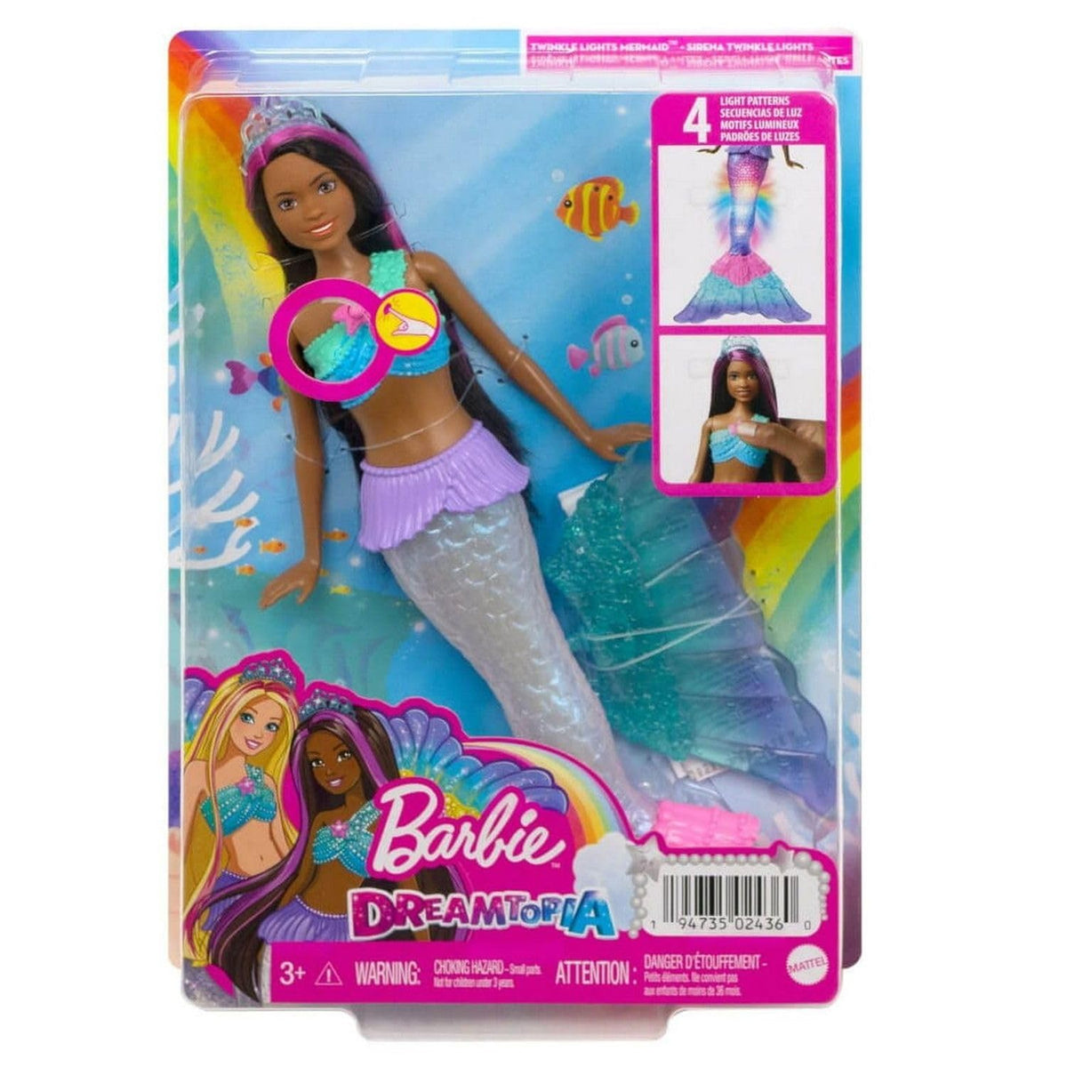 Barbie Dreamtopia Twinkle Lights mermaid doll is ideal for bath or pool play.