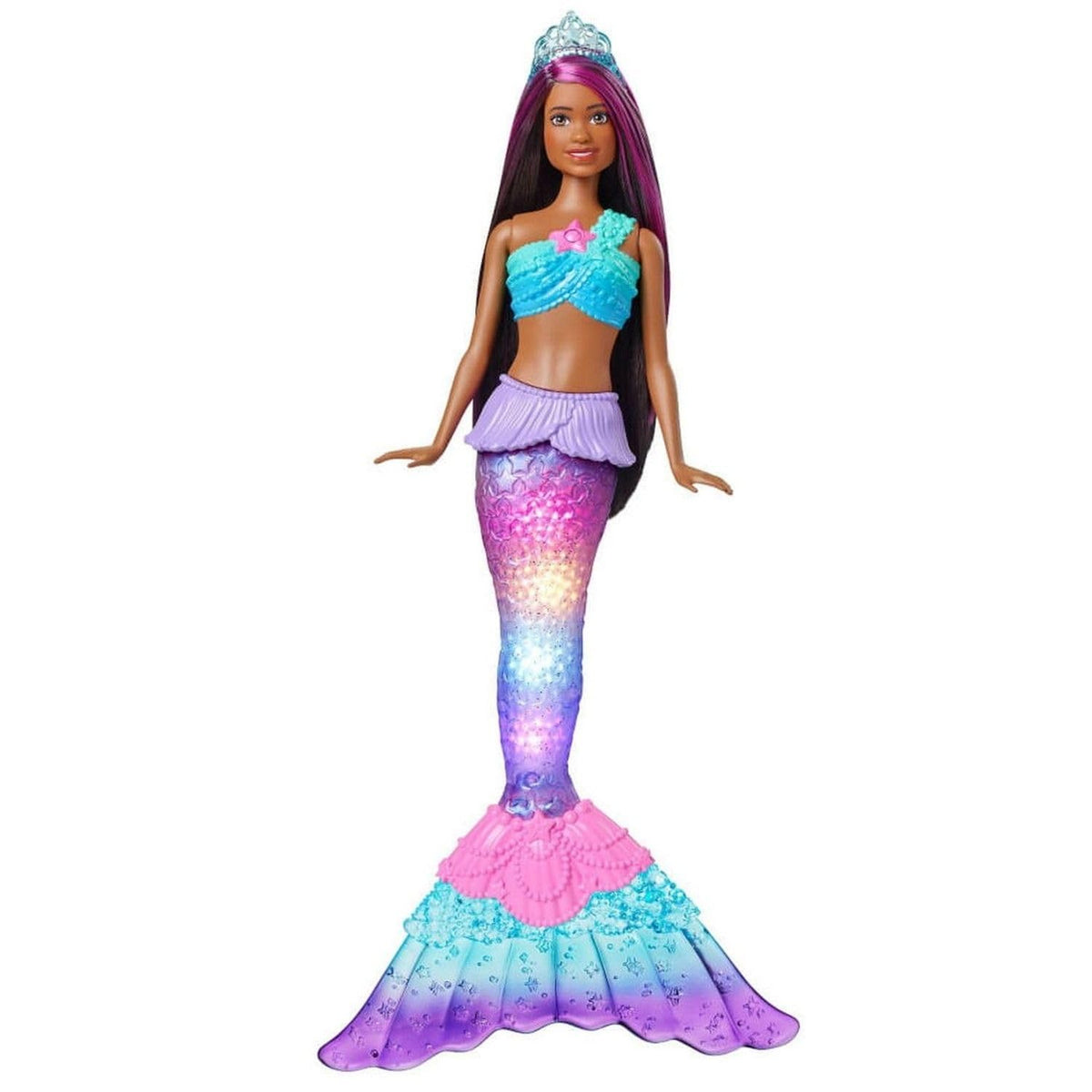 Barbie Dreamtopia Twinkle Lights mermaid doll tail lights up for bath time magic.