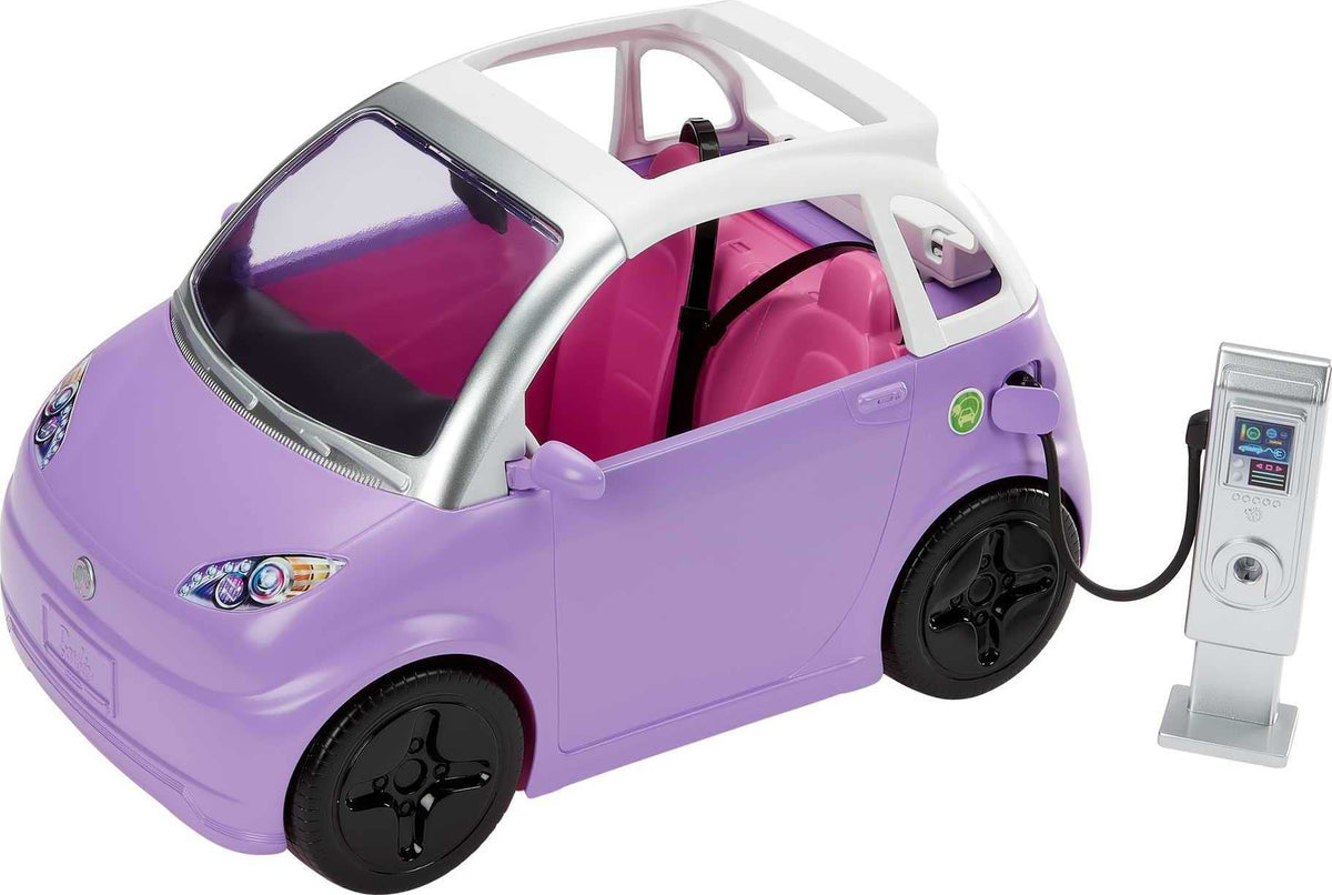 Barbie electric vehicle with charging station for pretend road trips.