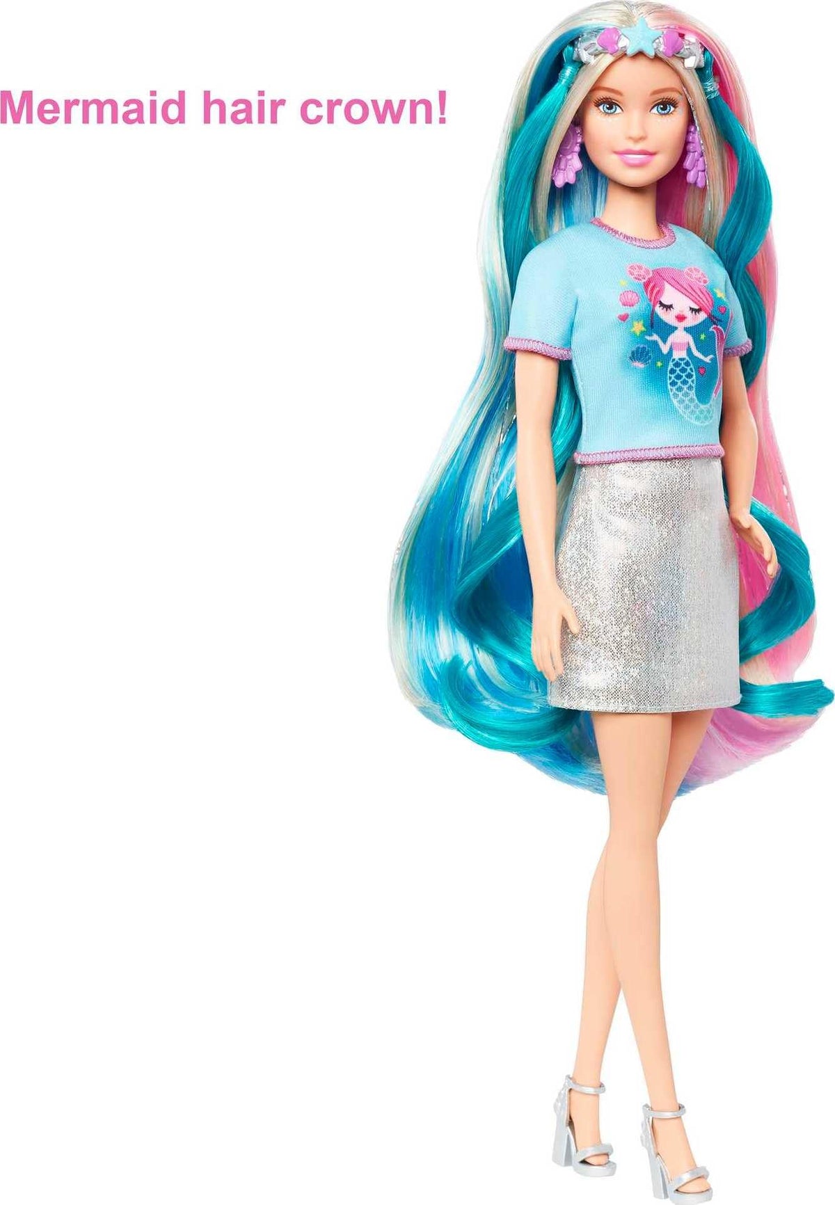 Barbie Fantasy Hair doll brush and accessories for quick hairstyle creativity.