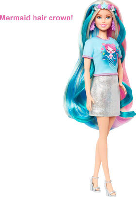 Barbie Fantasy Hair doll brush and accessories for quick hairstyle creativity.