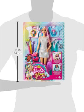 Barbie Fantasy Hair doll crown with hair extensions for vivid mermaid transformation.
