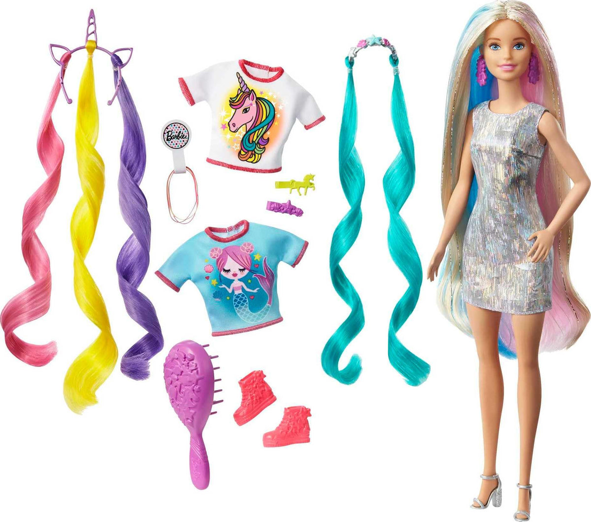 Barbie Fantasy Hair doll mermaid look crown with teal extensions for sea-inspired play.