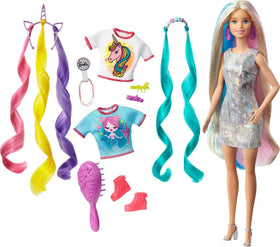 Barbie Fantasy Hair doll mermaid look crown with teal extensions for sea-inspired play.
