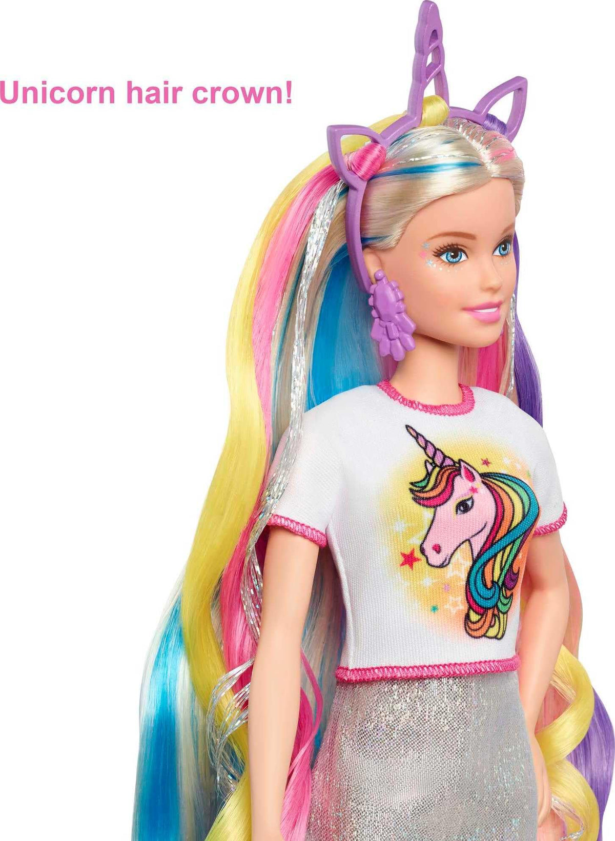 Barbie Fantasy Hair doll unicorn graphic t-shirt crown set for magical makeovers.