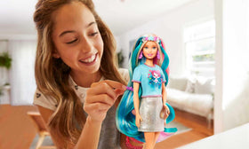 Barbie Fantasy Hair doll unicorn look crown with horn and colorful extensions for magical makeovers.