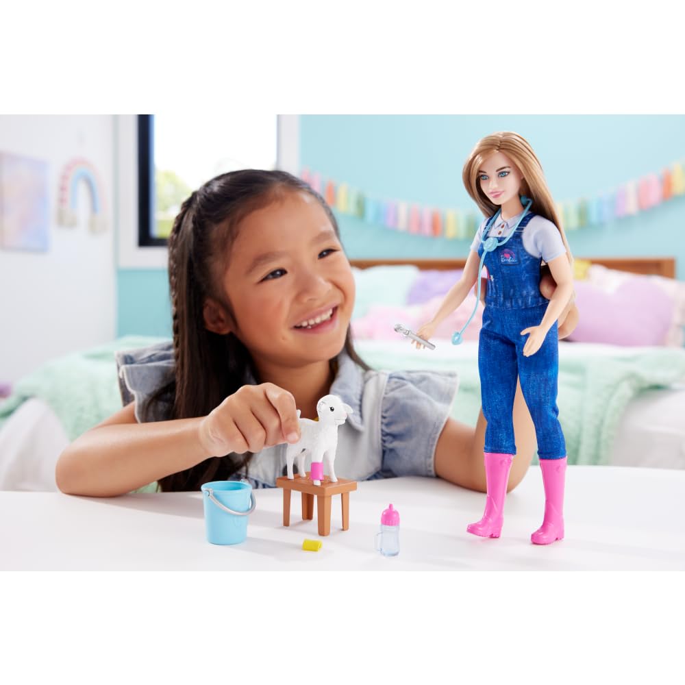 Barbie farm vet doll in overalls and pink boots for storytelling