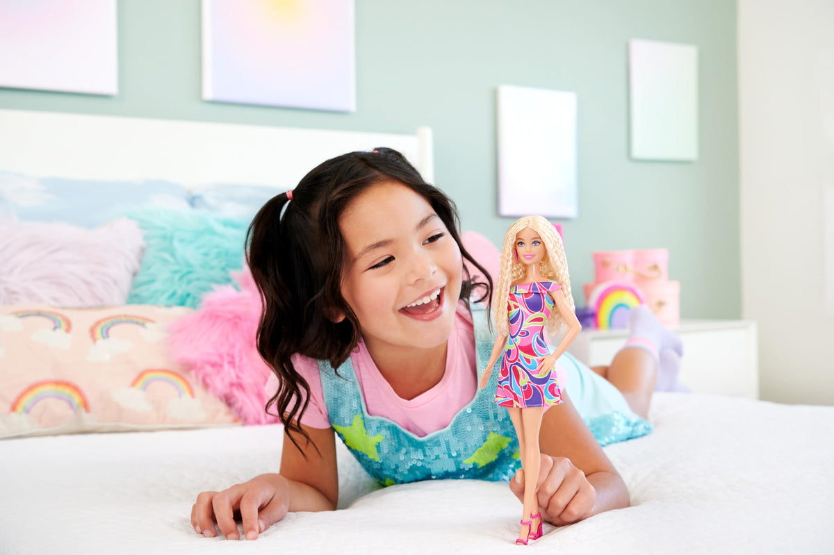 Barbie Fashionistas 223 wearing Totally Hair-inspired dress print for colorful storytelling.