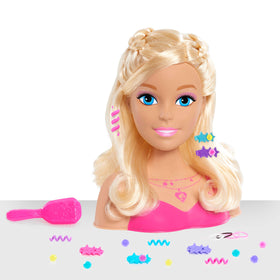 Barbie Fashionistas styling head with blonde hair and pink brush for brushing