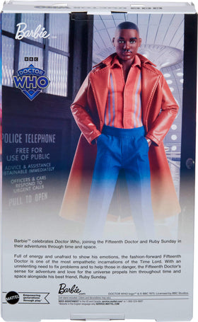 Barbie Fifteenth Doctor doll on shelf display ready for diorama