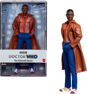 Barbie Fifteenth Doctor doll posed for display in iconic brown jacket