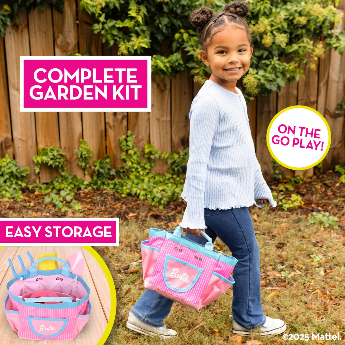 Barbie Garden Set storage bag keeps tools organized after outdoor gardening