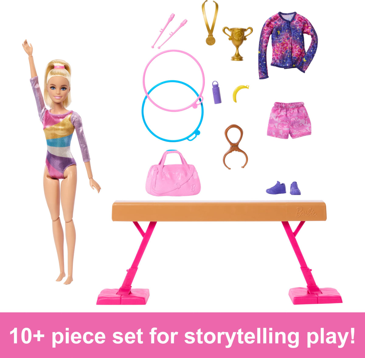 Barbie gymnastics doll flipping with c-clip to promote dynamic moves.
