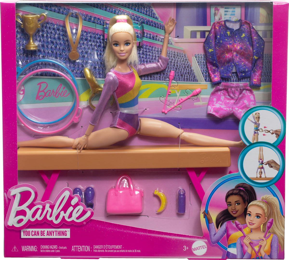 Barbie hoops and baton accessories support rhythmic routines and coordination.