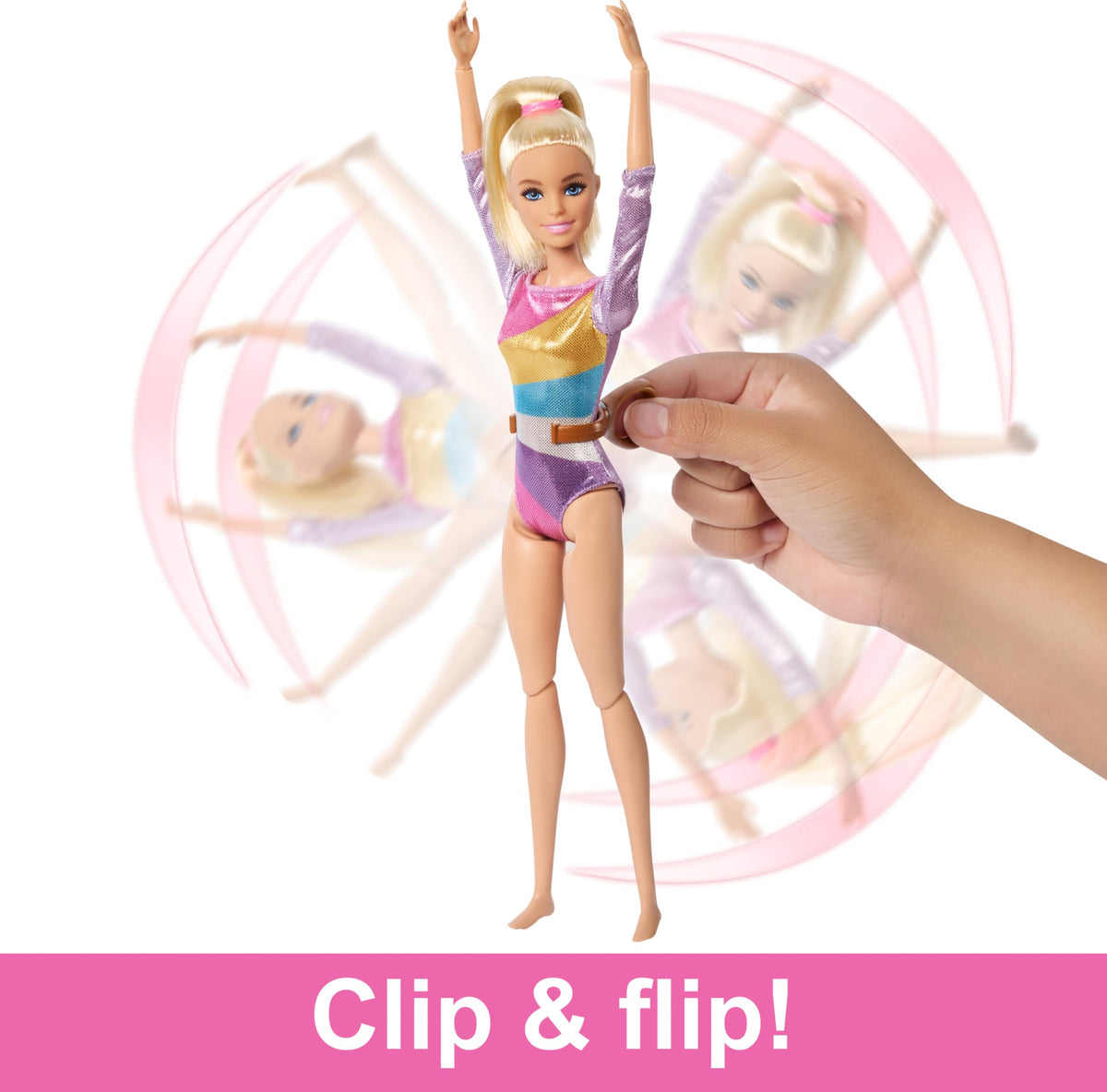 Barbie in iridescent leotard inspiring colorful gymnastics storytelling.