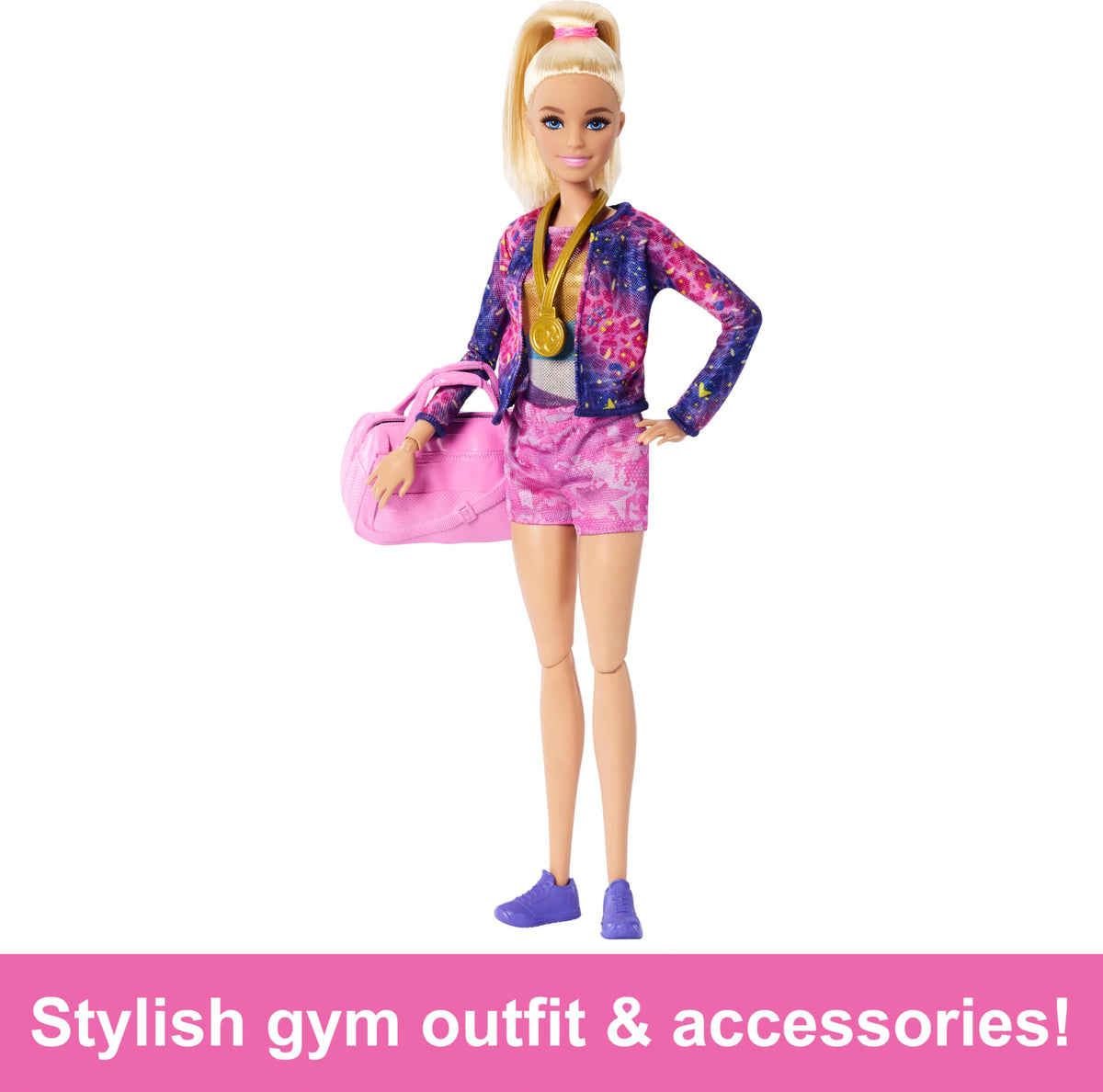 Barbie warm-up suit ready for realistic gym-style play and travel.