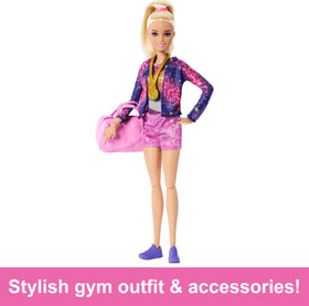 Barbie warm-up suit ready for realistic gym-style play and travel.