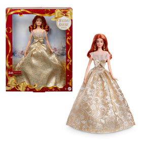 Barbie Holiday doll in a gold-silver glitter dress, ready for pretend play.