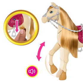 Horse bows on cue, adding cheerful sounds to pretend performances.