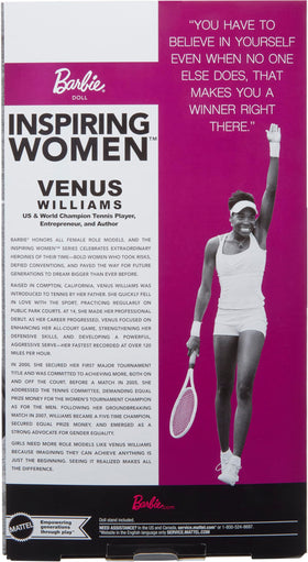 Barbie Venus Williams doll includes Certificate of Authenticity for collectors.