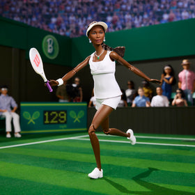 Barbie Venus Williams doll with visor showcases iconic tournament look, perfect for display.