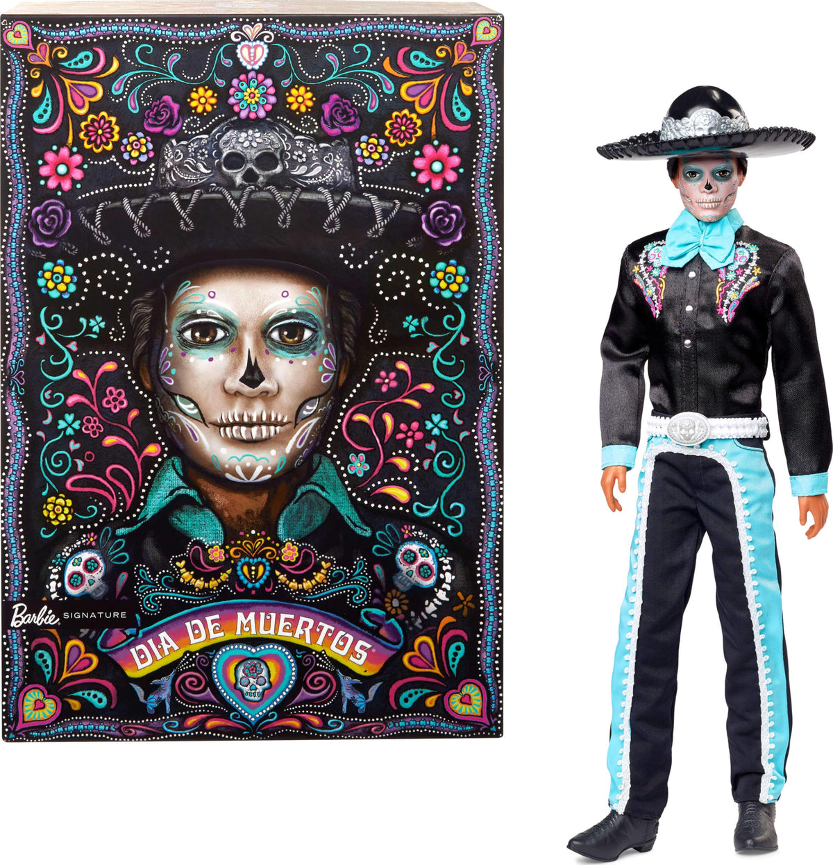 Barbie Ken Day of the Dead in satiny black suit with sky blue accents for an elegant display