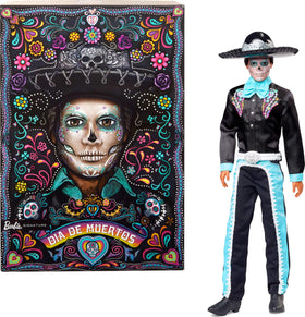 Barbie Ken Day of the Dead in satiny black suit with sky blue accents for an elegant display