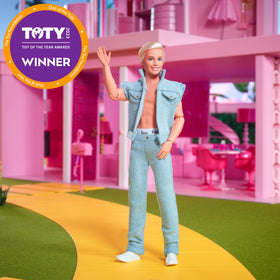 Ken doll with open vest showing premium denim detailing for poseable play