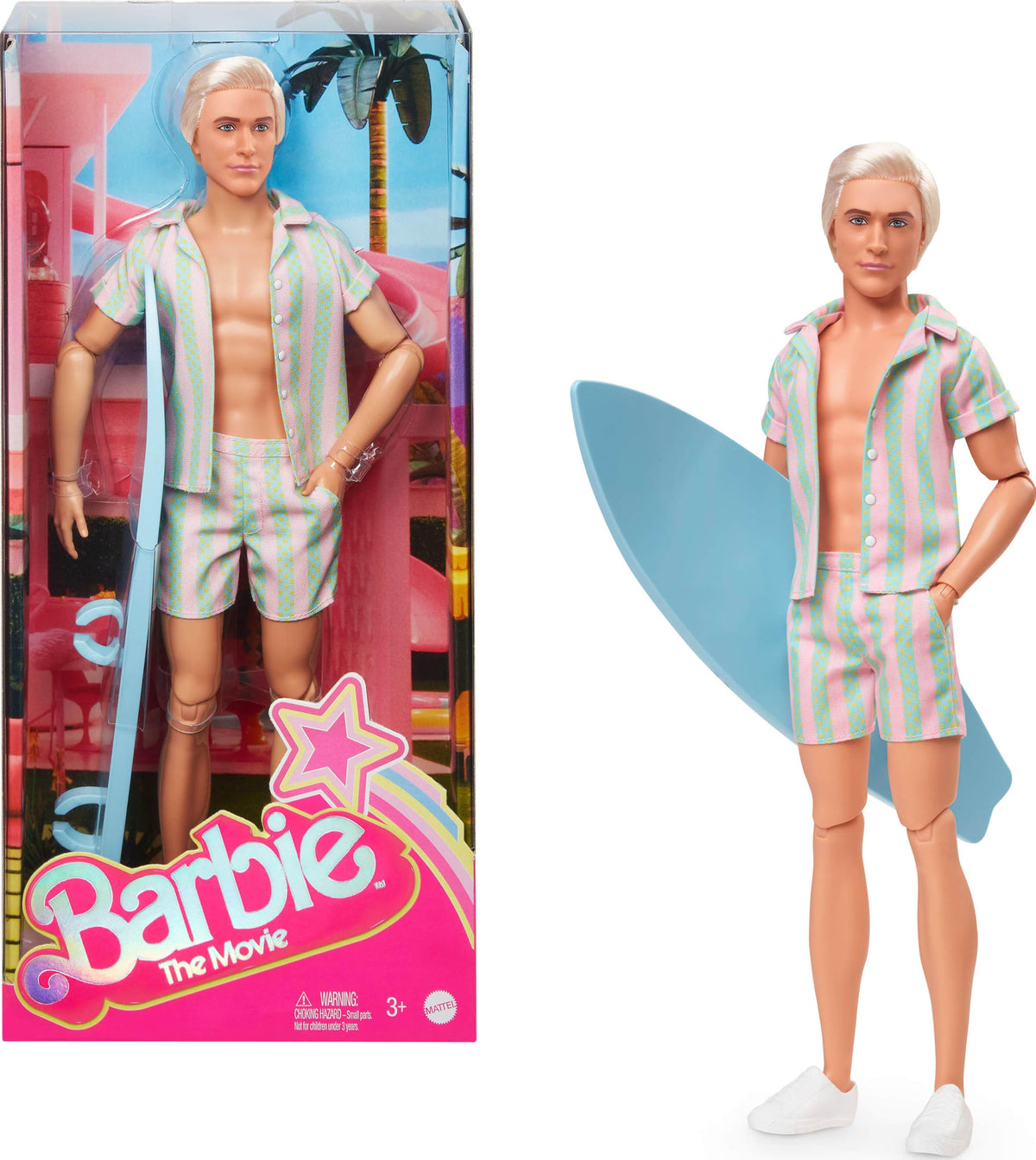 Barbie The Movie Ken Doll in pastel pink mint stripes for display or play.