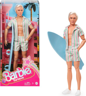 Barbie The Movie Ken Doll in pastel pink mint stripes for display or play.