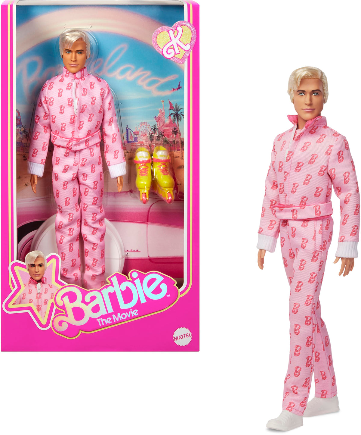 Barbie The Movie Ken collectible doll in pink jumpsuit for display and gifting to fans.