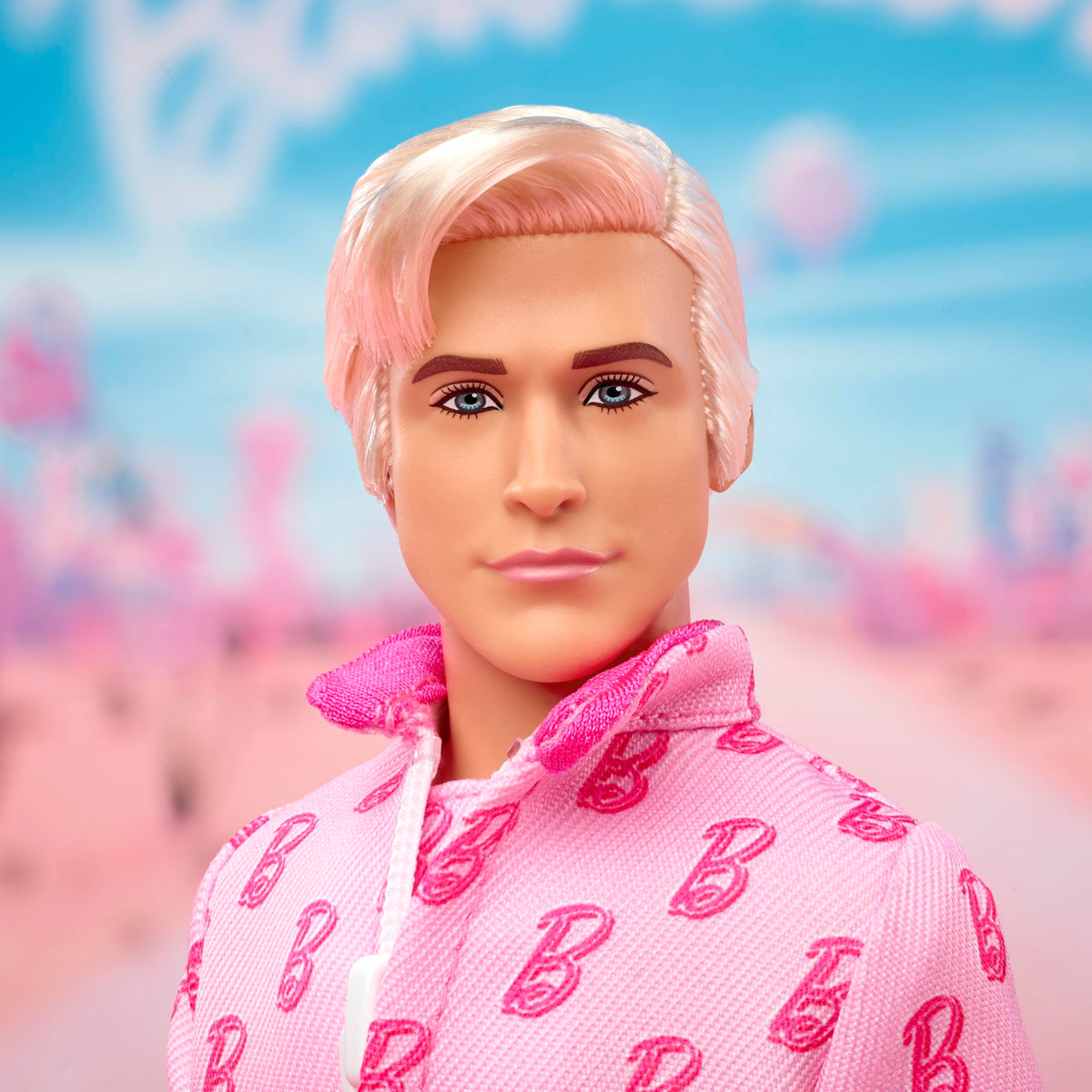 Barbie The Movie Ken platinum blonde hair accentuates signature look during collection display.