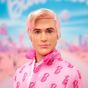 Barbie The Movie Ken platinum blonde hair accentuates signature look during collection display.