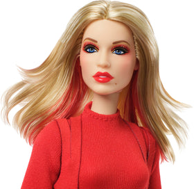 Barbie Kylie Minogue doll with sheer chiffon cape for dramatic display.