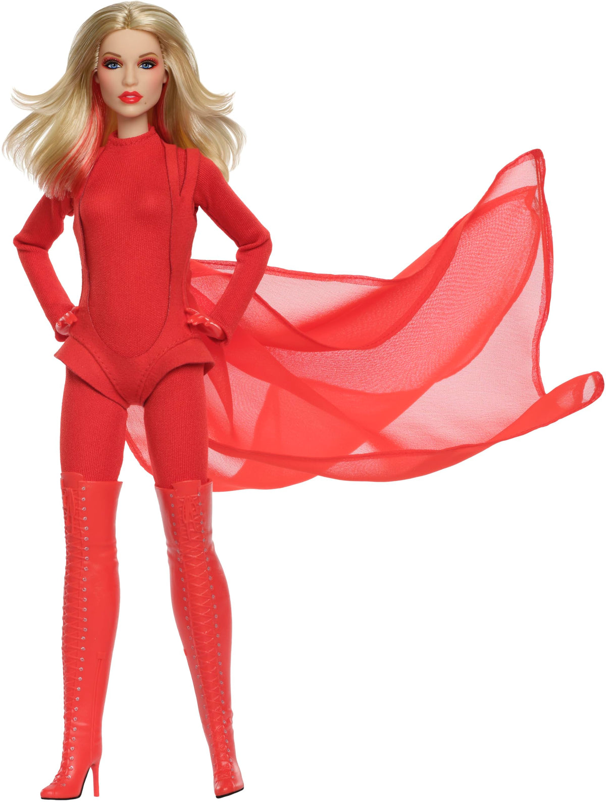 Close-up of Barbie Kylie Minogue doll face with vivid red lips for display.