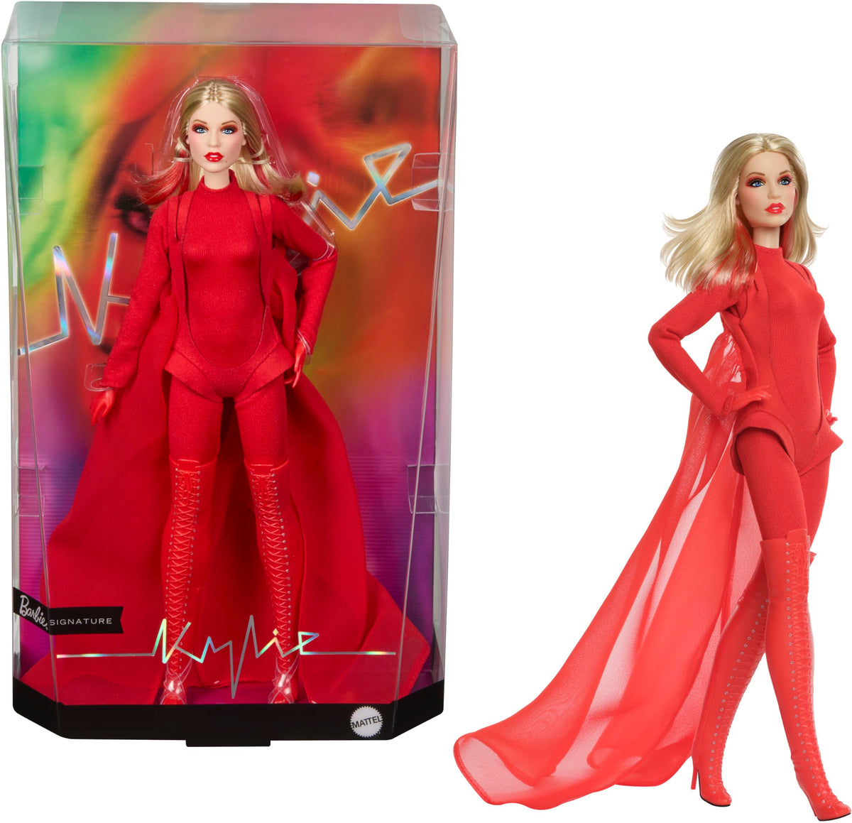 Barbie Kylie Minogue doll in red bodysuit for striking display and fan collection.
