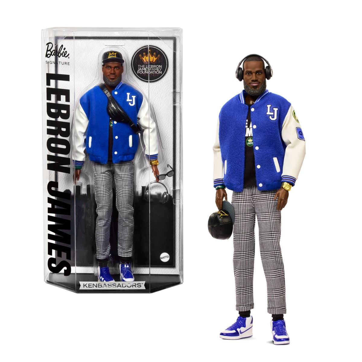 Barbie Signature LeBron James Kenbassadors doll in bomber jacket, ideal for display collections.