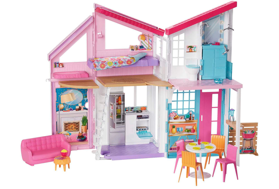 Barbie Malibu House opens to reveal a spacious living area for imaginative storytelling.