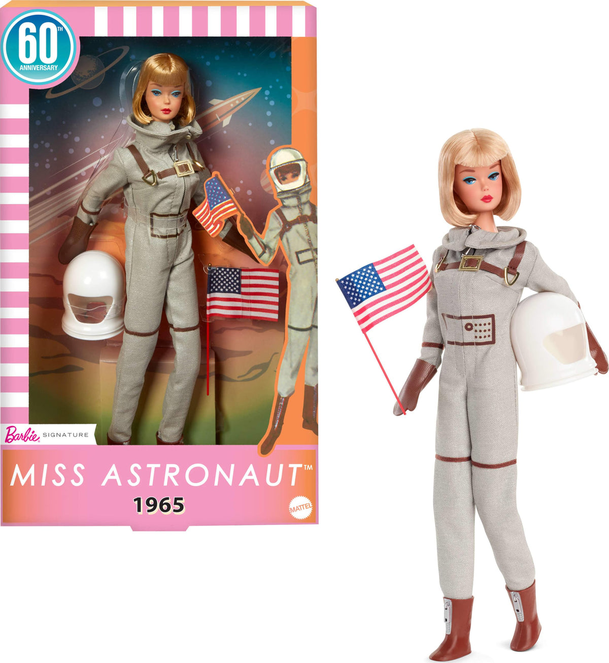 Barbie Miss Astronaut doll in silver suit for collectible display and nostalgic appeal