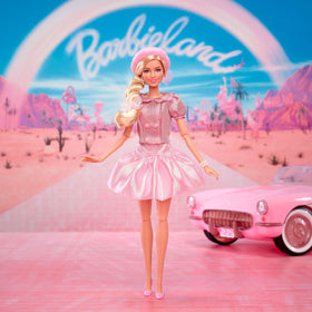 barbie the movie margot robbie doll with matching beret and hair bow, iconic film-inspired fashion for fans