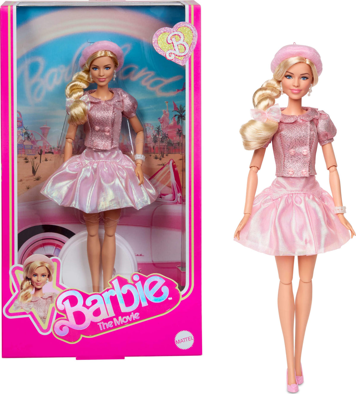 barbie the movie margot robbie doll in pink blouse and tutu skirt, ideal display for collectors