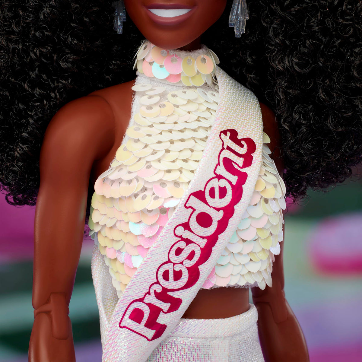 Barbie The Movie President doll with gold heels, cinematic flair for collectors.