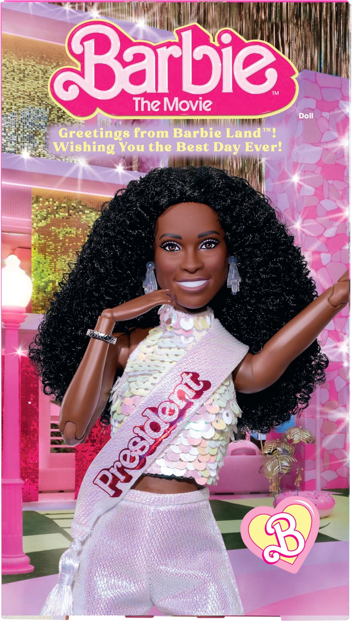 Barbie The Movie President doll with stand included for steady posing.