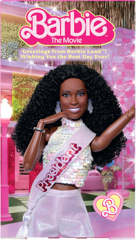 Barbie The Movie President doll with stand included for steady posing.